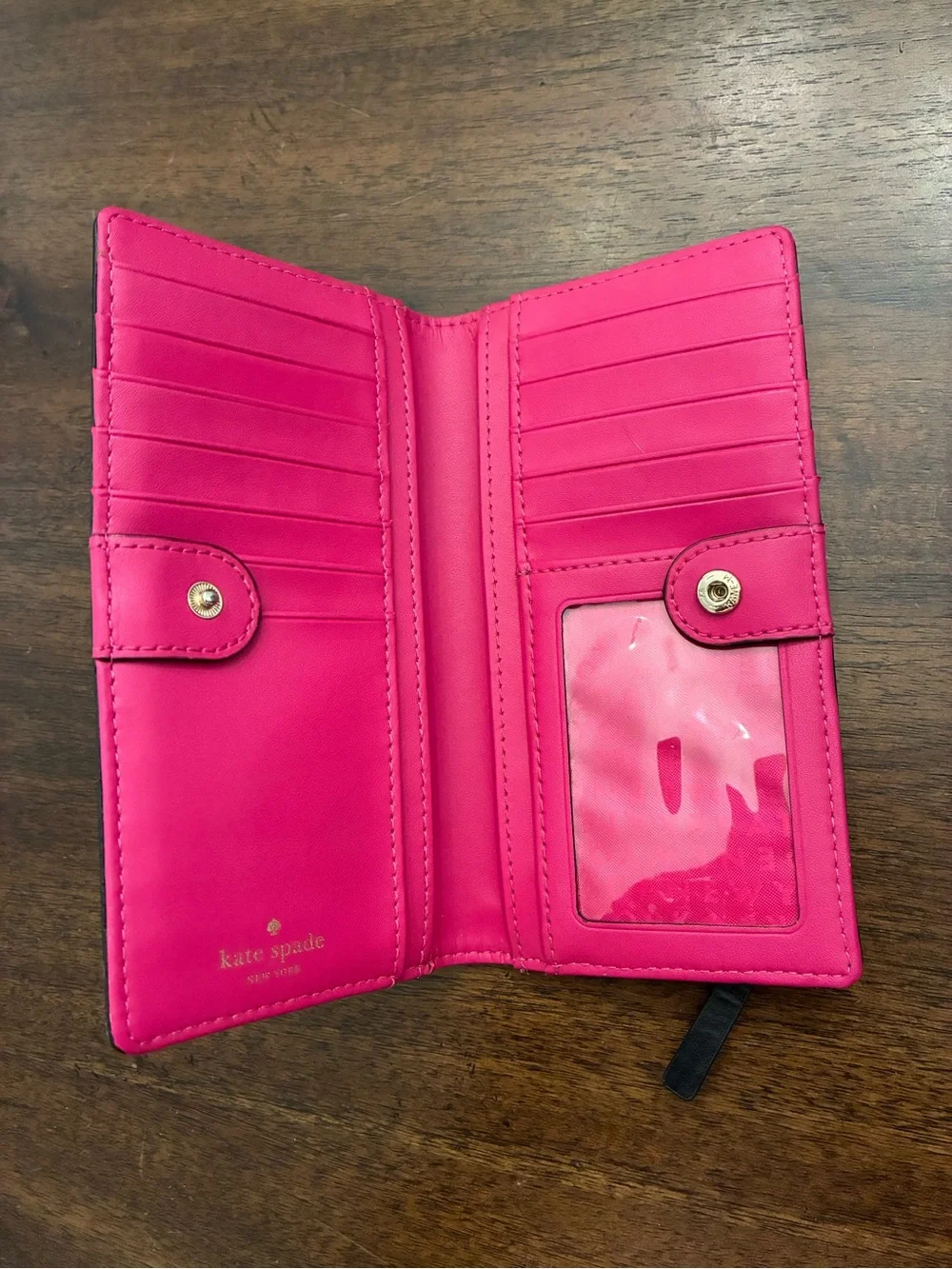 Kate Spade Wallet Bifold Black Hot Pink Gold Snap Zipper Leather